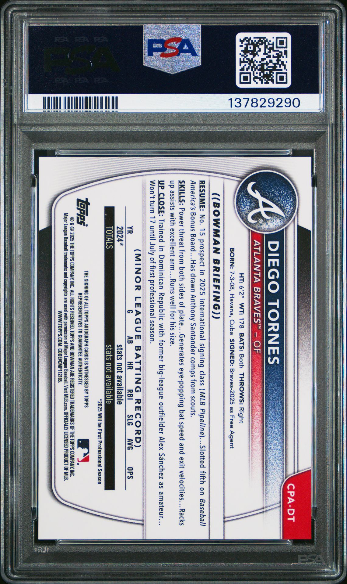 2025 Bowman Chrome Prospect Autographs Diego Tornes #Cpadt Gem Mt 10 back