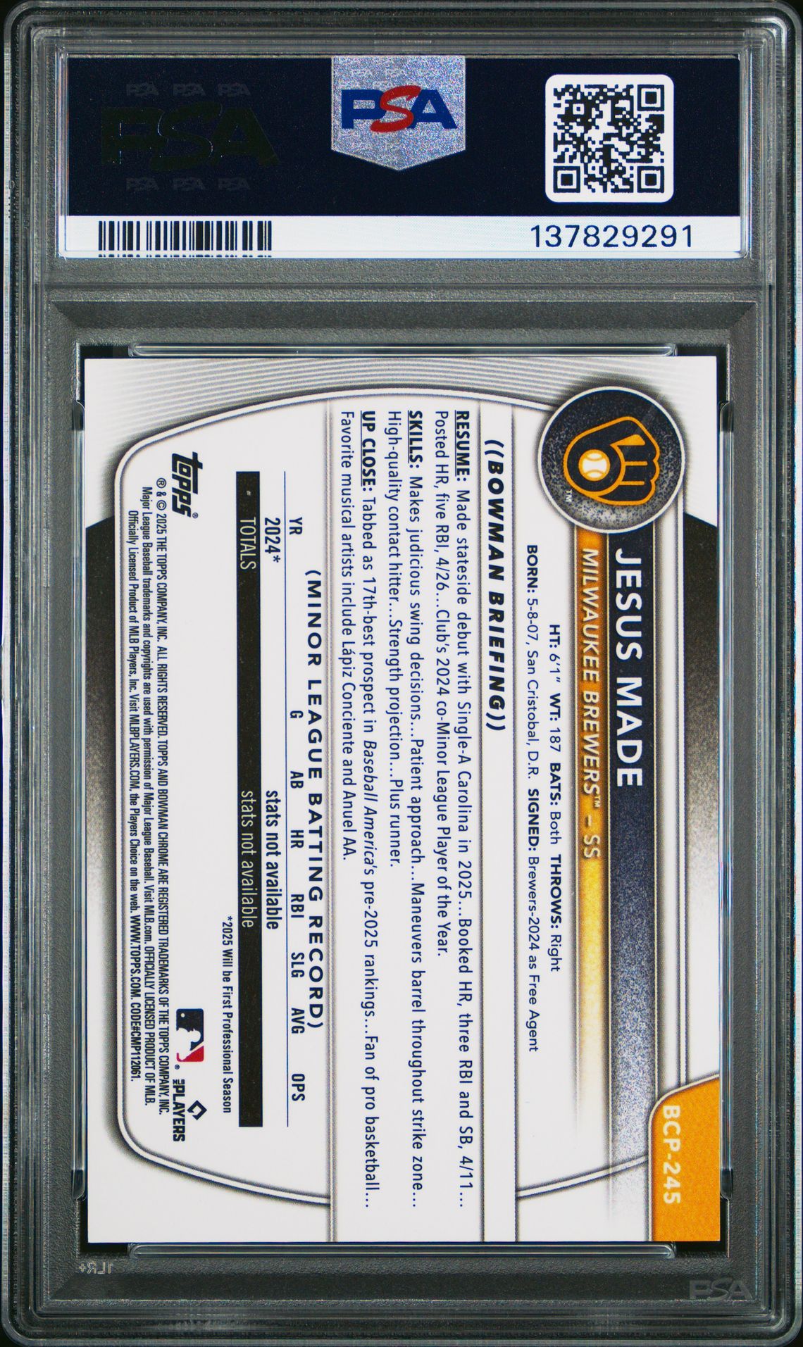 2025 Bowman Chrome Prospects Jesus Made #Bcp245 (Prospects-Gold Refractor) Mint 9 back