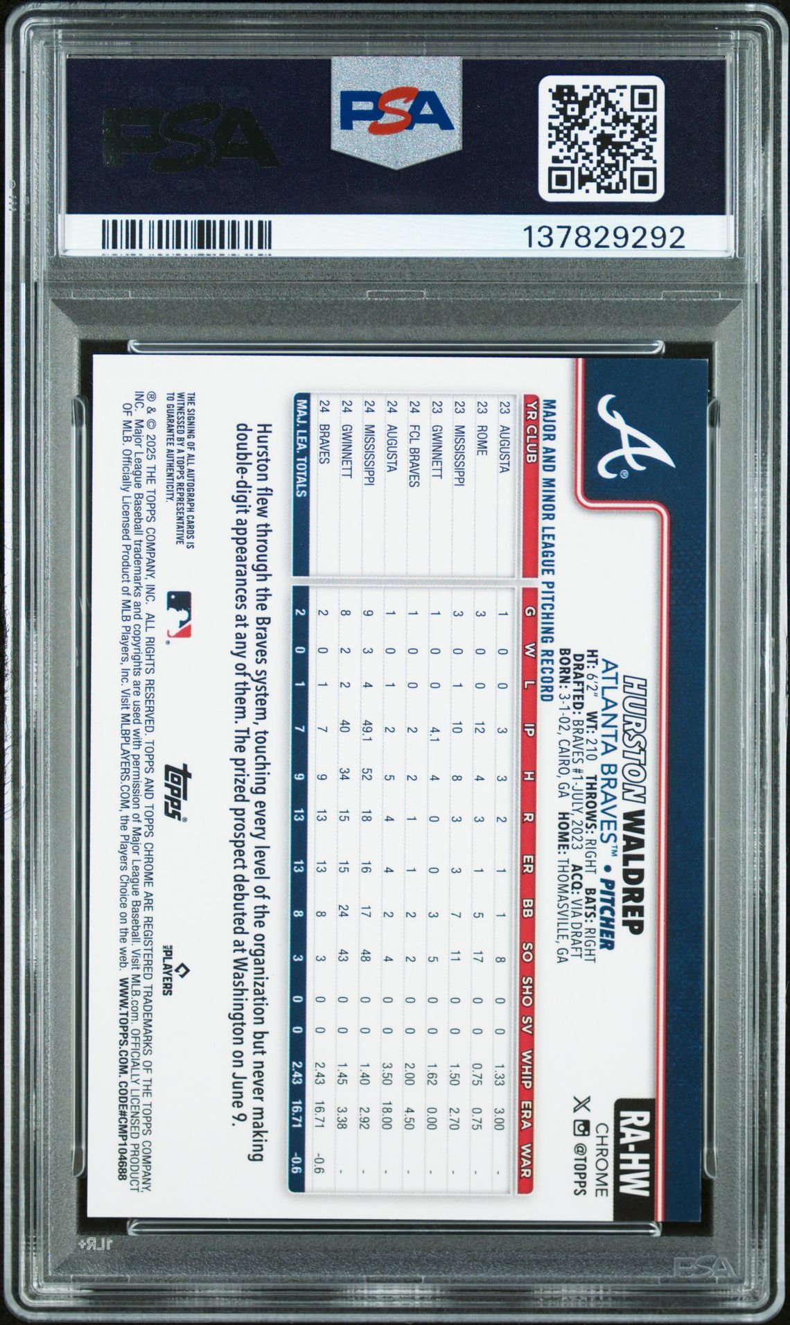 2025 Topps Chrome Rookie Autographs Hurston Waldrep #Rahw Mint 9 back