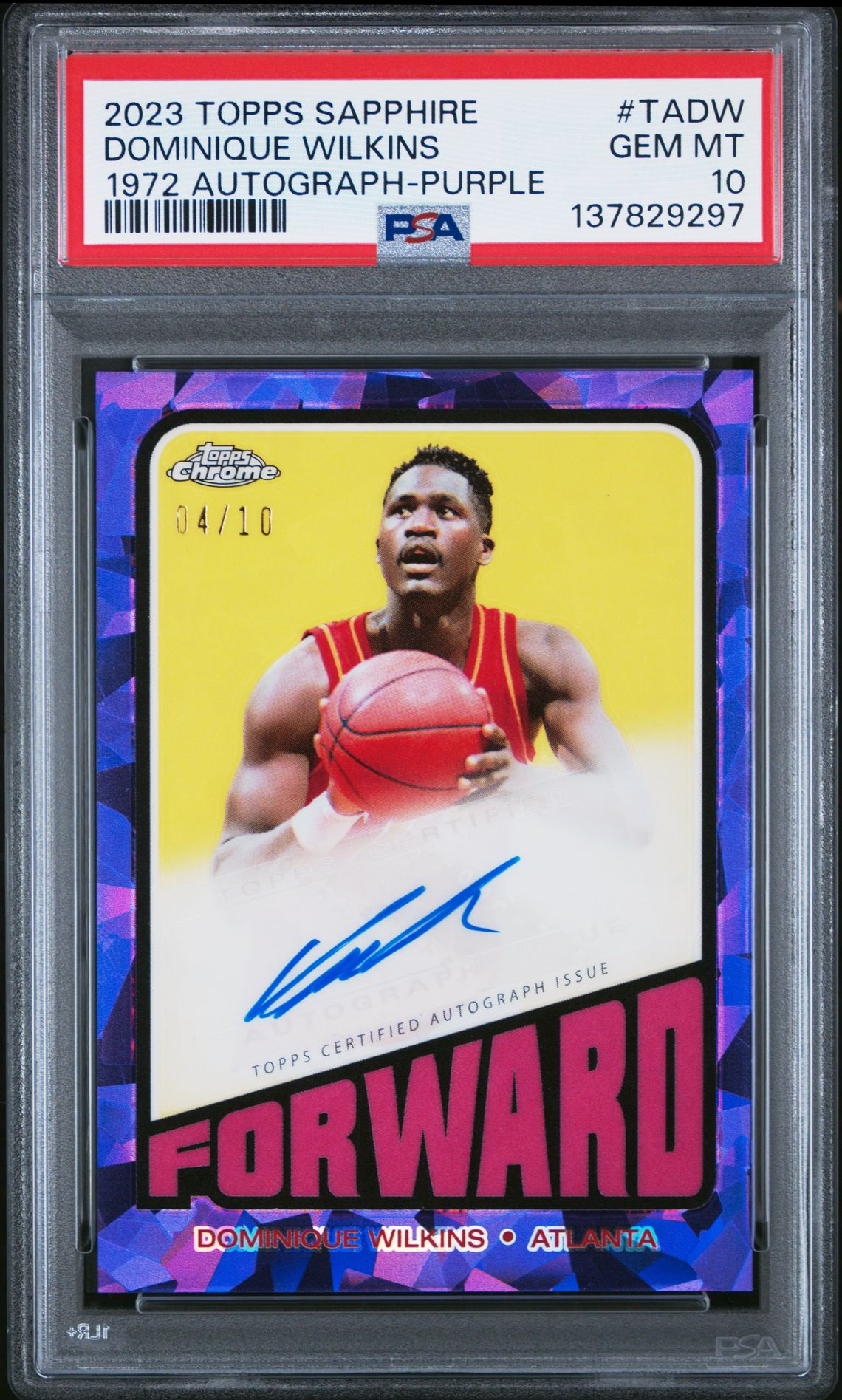 2023 Topps Chrome Sapphire Edition 1972 Topps Autographs Dominique Wilkins #Tadw (1972 Autograph-Purple) Gem Mt 10 front