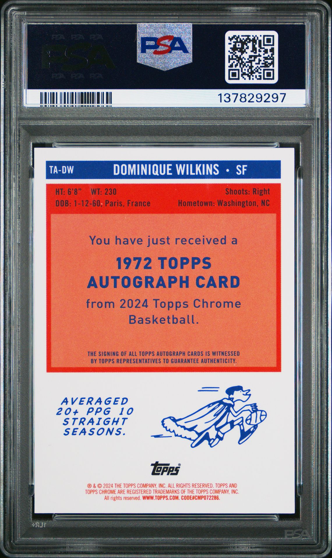 2023 Topps Chrome Sapphire Edition 1972 Topps Autographs Dominique Wilkins #Tadw (1972 Autograph-Purple) Gem Mt 10 back