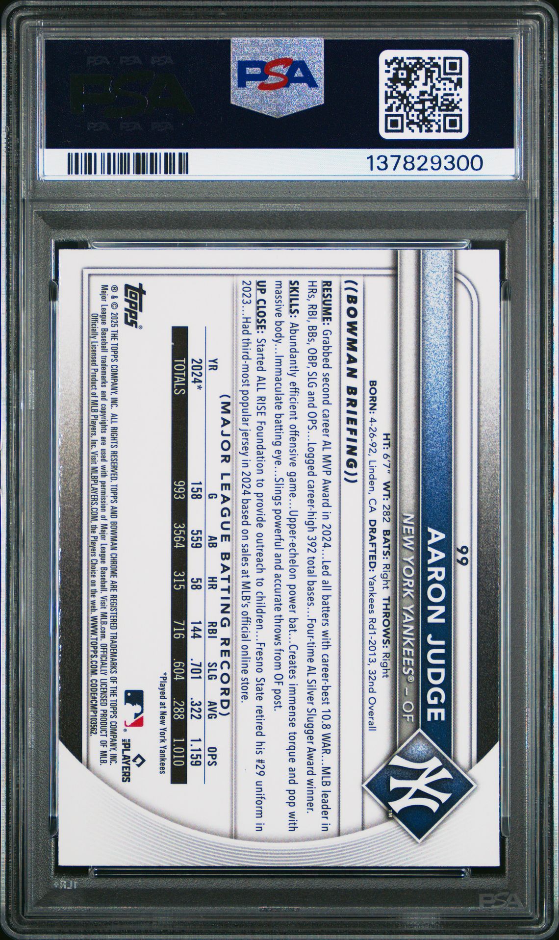 2025 Bowman Mega Box Chrome Aaron Judge #99 (Purple Refractor) Gem Mt 10 back