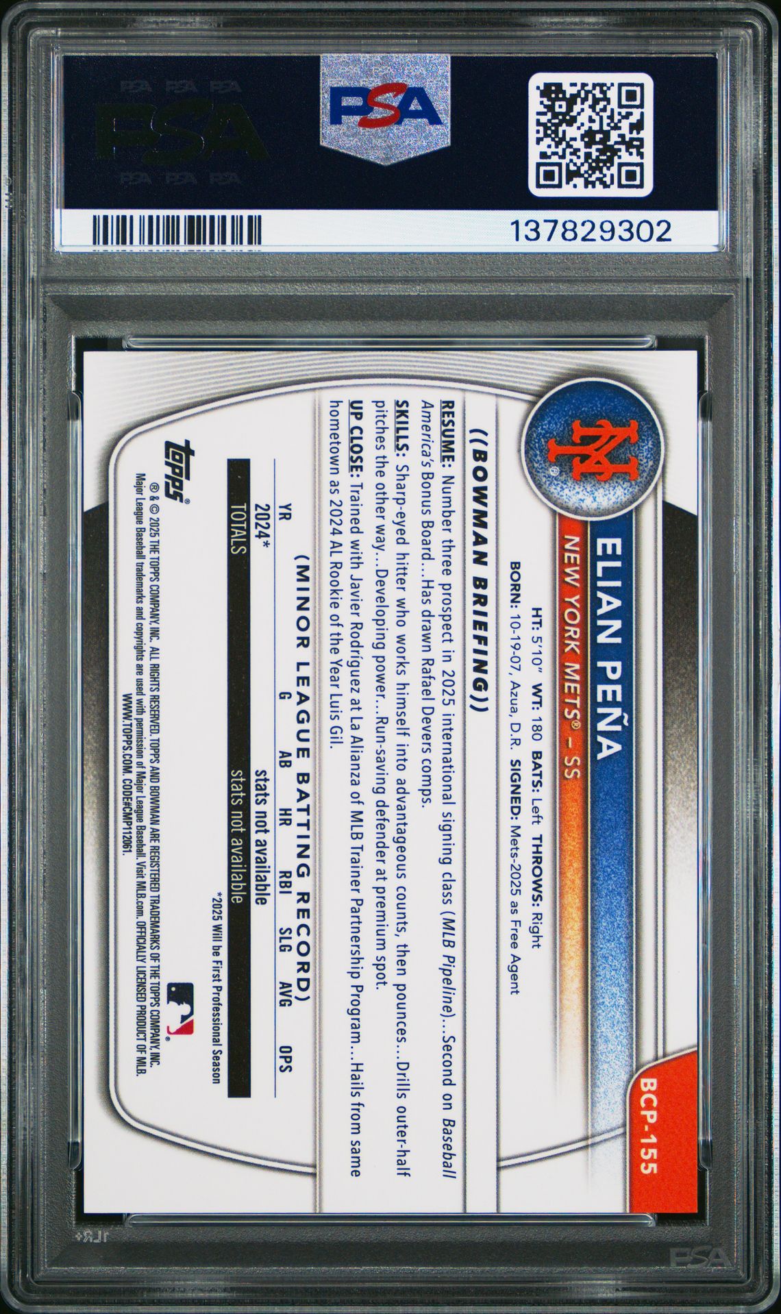 2025 Bowman Chrome Prospects Elian Pena #Bcp155 (Prospects-Aqua Pulsar) Gem Mt 10 back