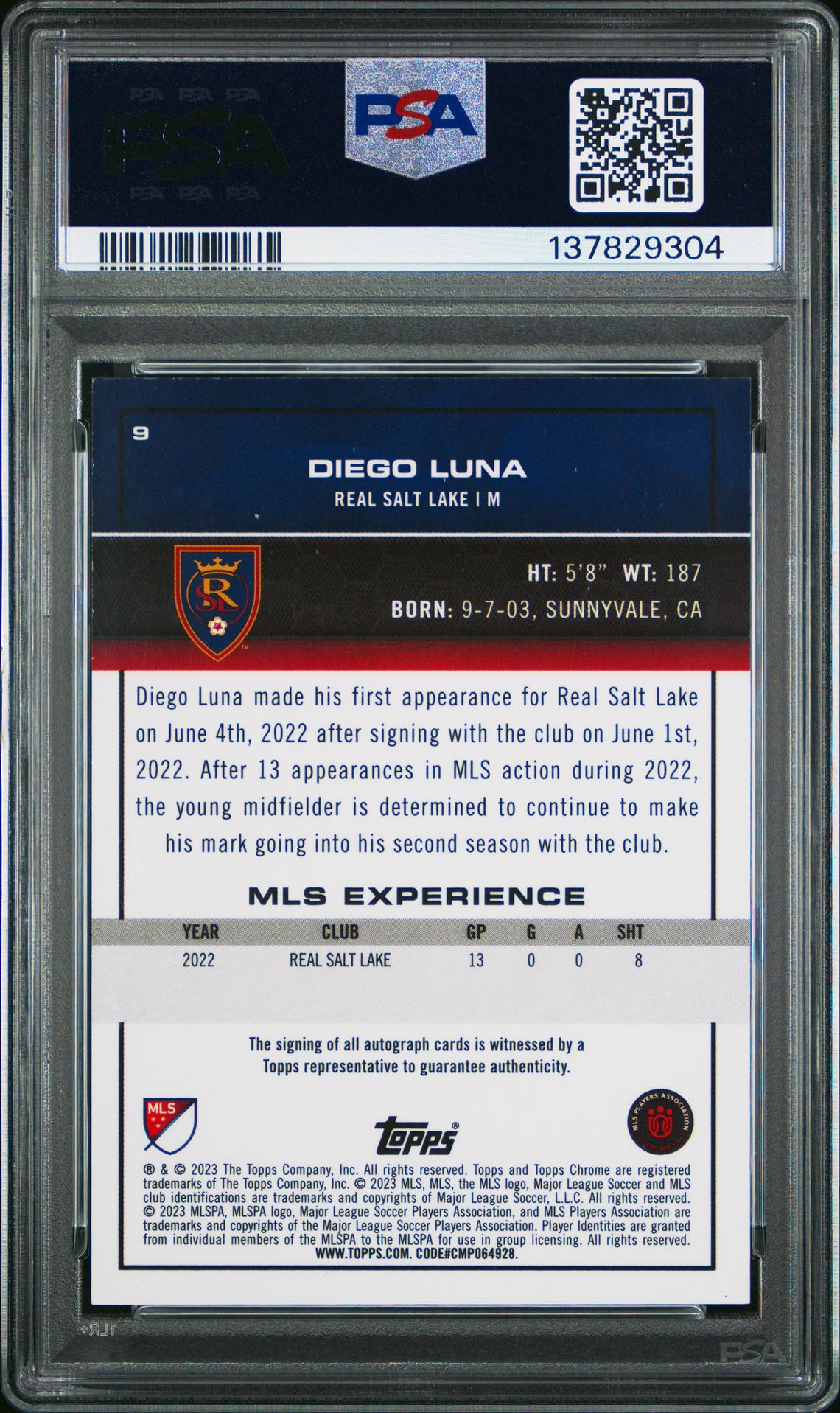 2023 Topps Chrome Mls Diego Luna #9 (Autograph-Gold Refractor) Mint 9 back