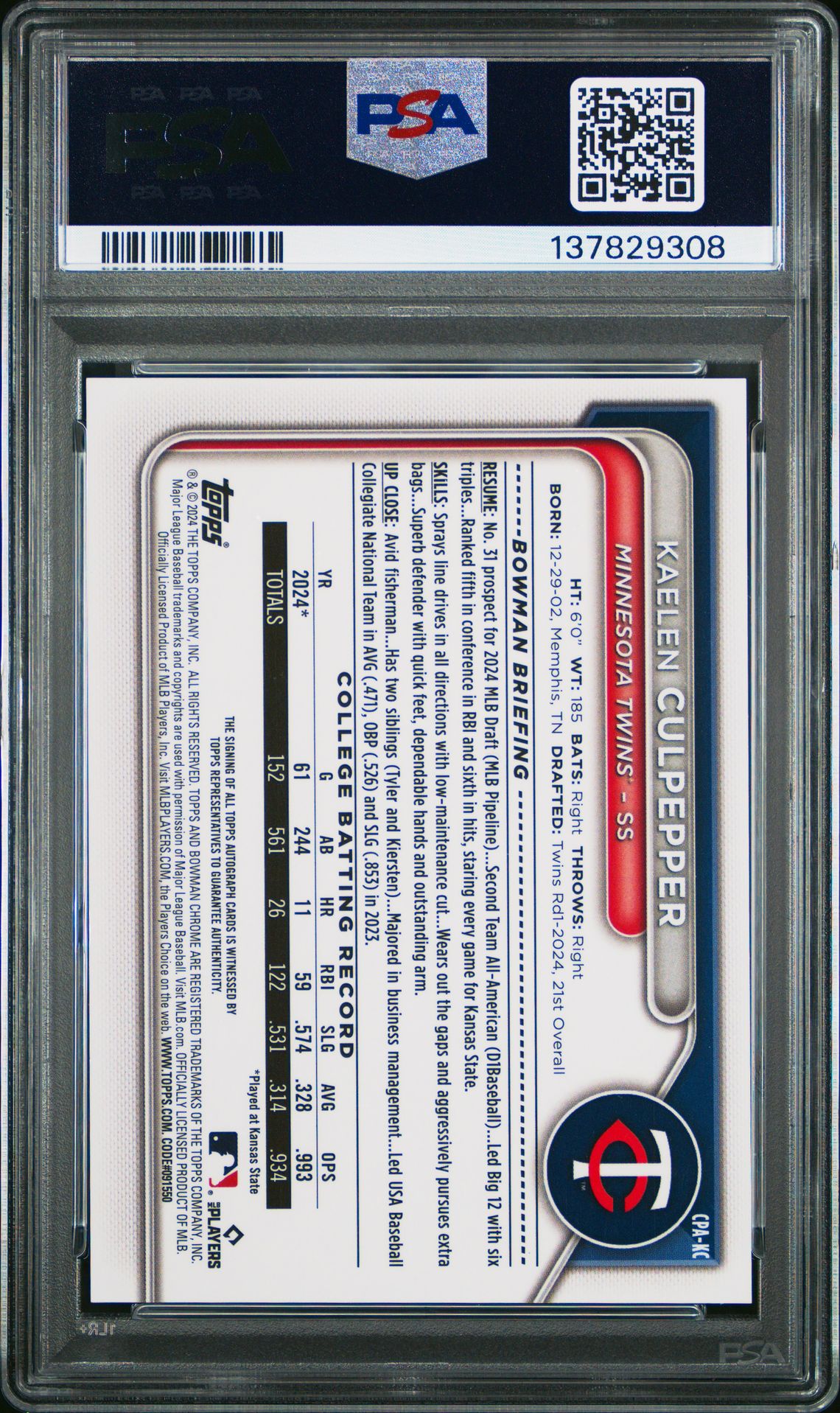 2024 Bowman Draft Chrome Prospect Autographs Kaelen Culpepper #Cpakc (Chr Prospect Au-Aqua Lava) Mint 9 back