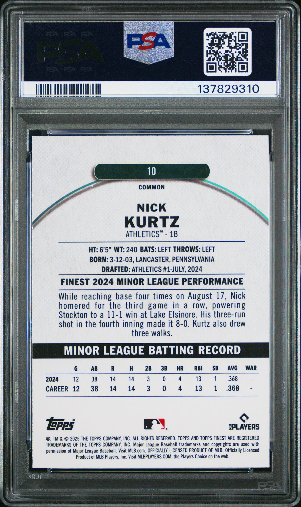 2025 Topps Finest Nick Kurtz #10 (Blue Refractor) Gem Mt 10 back
