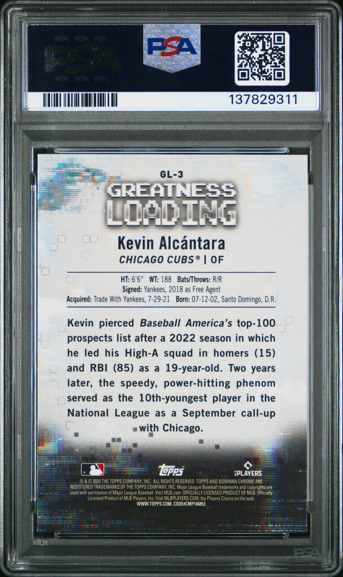 2025 Bowman Greatness Loading Kevin Alcantara #Gl3 Mint 9 back