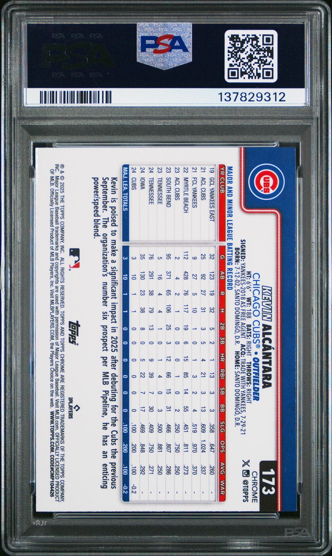 2025 Topps Chrome Kevin Alcantara #173 Mint 9 back