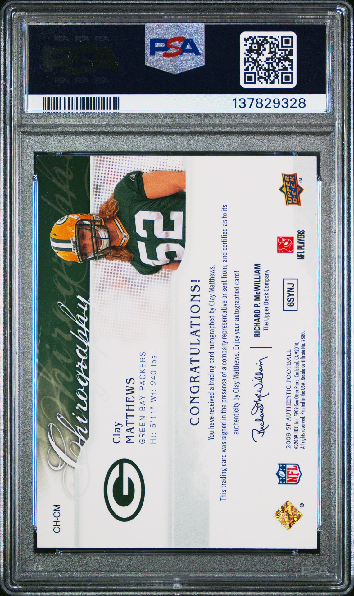 2009 Sp Authentic Chirography Clay Matthews #Ch-Cm (Chirography) Mint 9 back