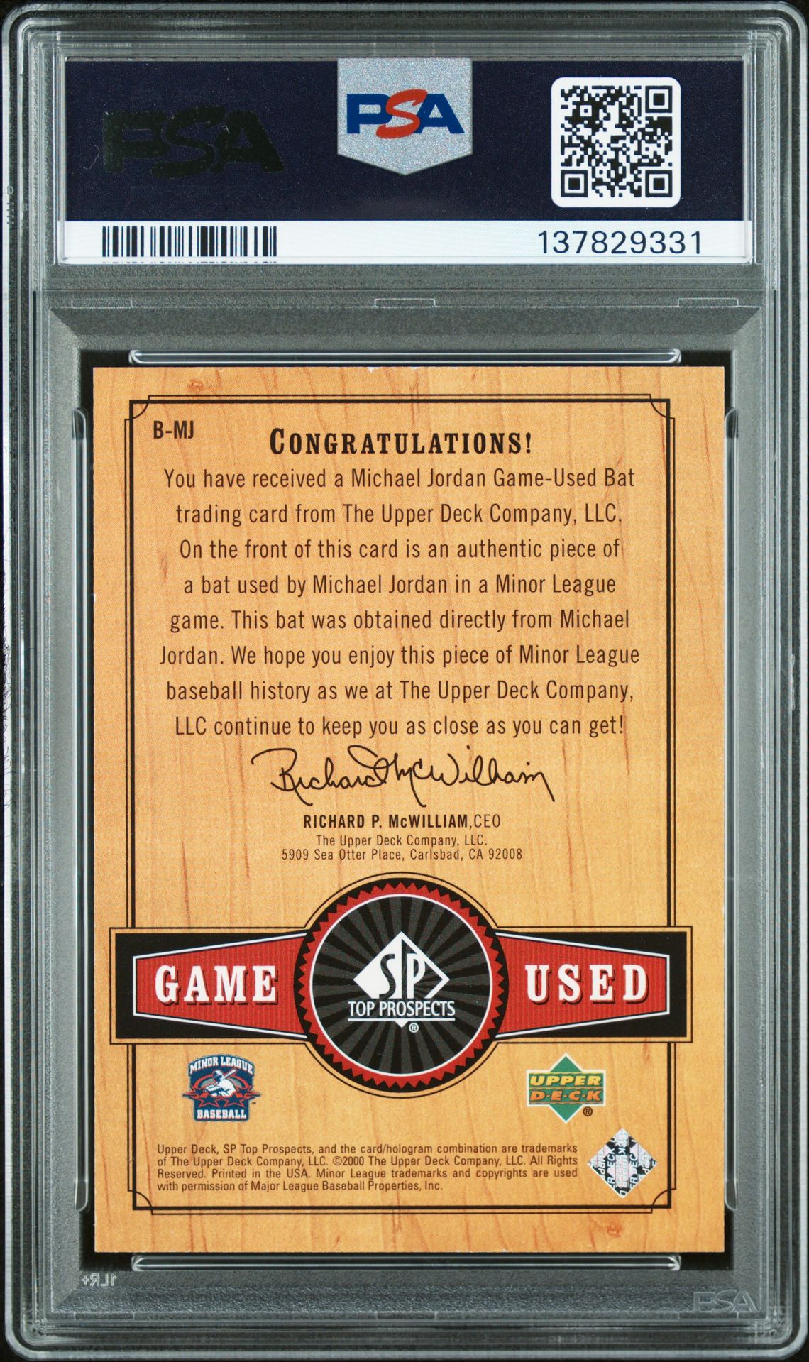 2001 Sp Top Prospects Game Used Michael Jordan #B-Mj (Game Used Bat) Nm-Mt 8 back