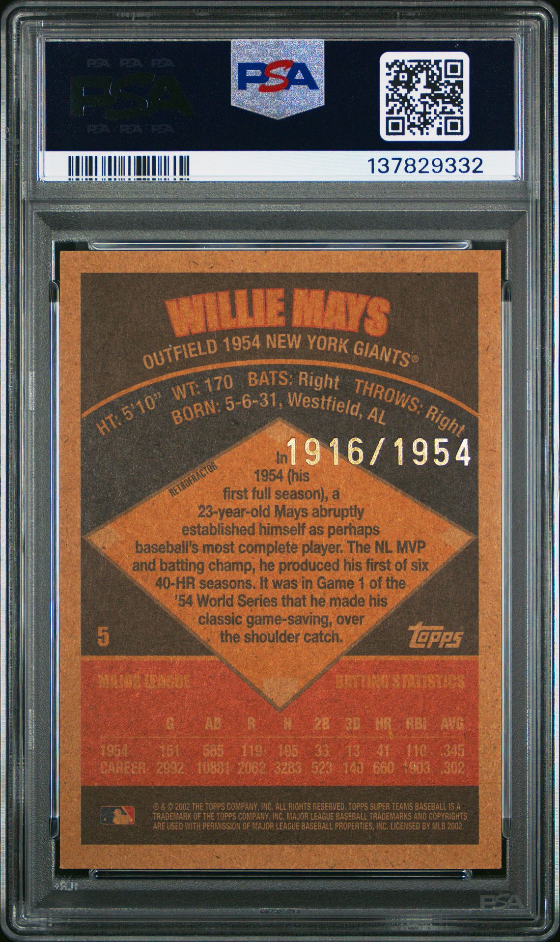 2002 Topps Super Teams Willie Mays #5 (Retrofractor) Nm-Mt 8 back