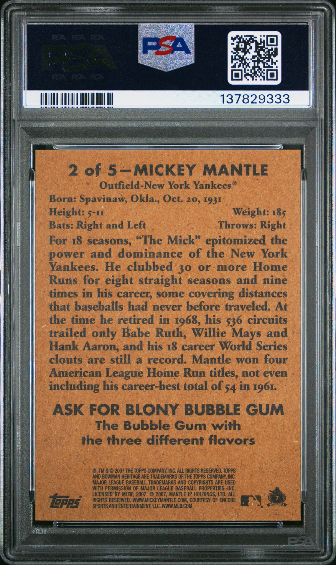 2007 Bowman Heritage Mantle Mickey Mantle #2 (Mantle) Mint 9 back