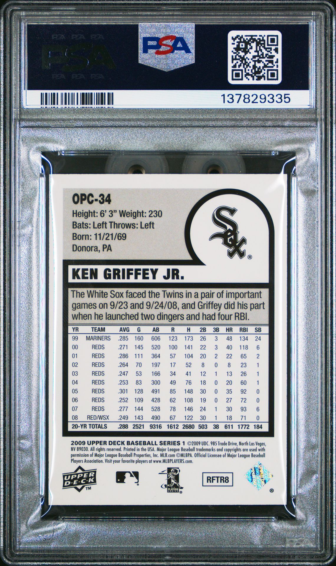 2009 Upper Deck 1975 O-Pee-Chee Mini Ken Griffey Jr. #Opc34 (1975 O-Pee-Chee Mini) Gem Mt 10 back
