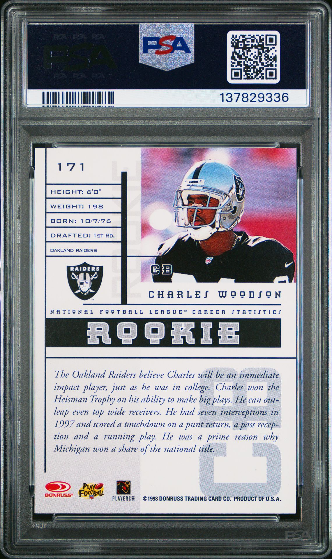 1998 Leaf R & S Charles Woodson #171 Mint 9 back