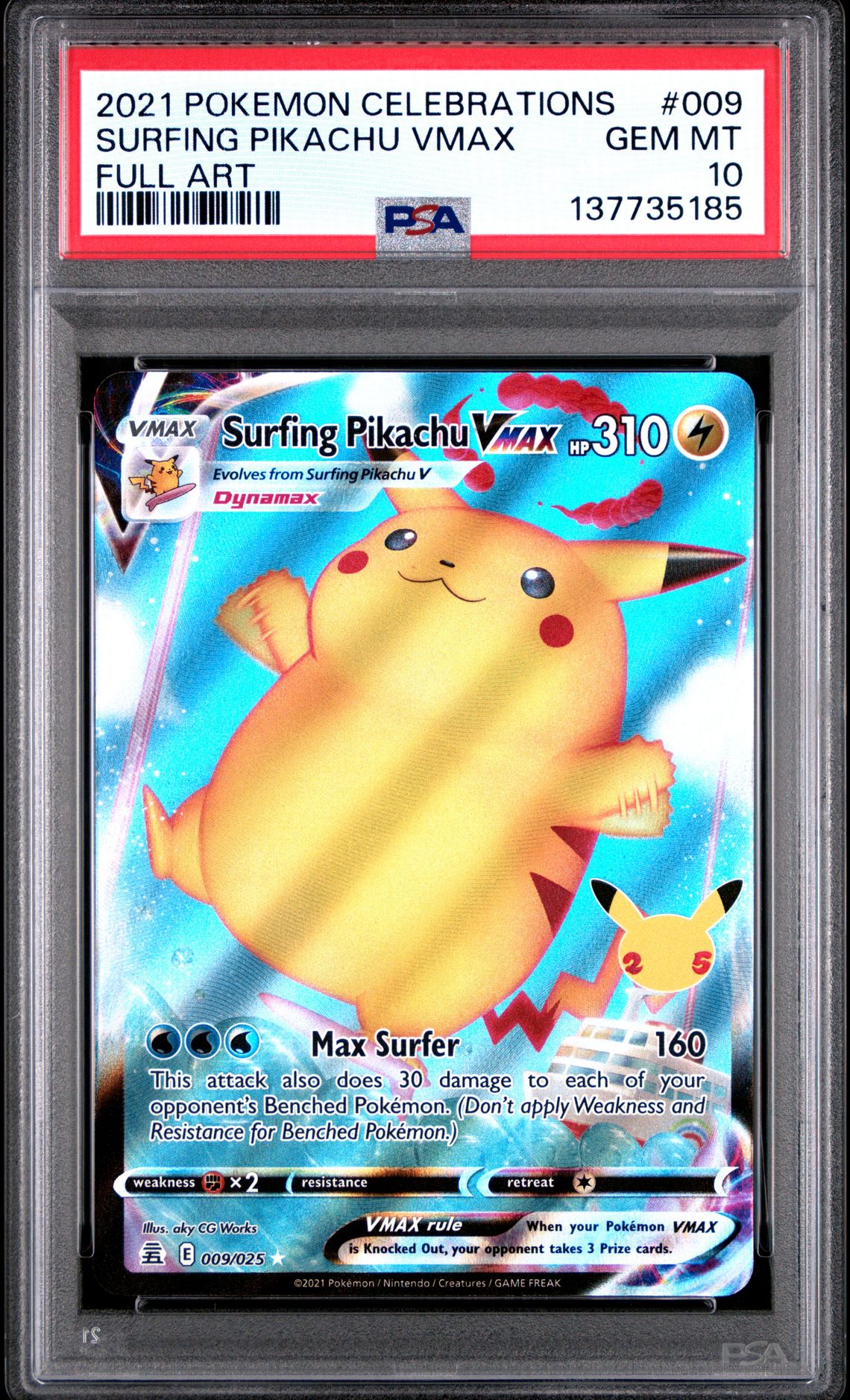 2021 Pokemon Celebrations Surfing Pikachu Vmax #009 (Full Art) Gem Mt 10 front
