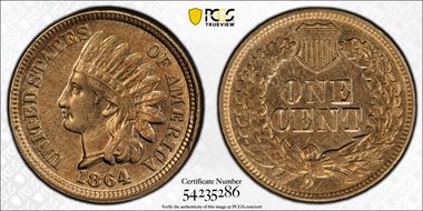 1864 1C Copper-Nickel AU58