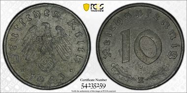 1943-E 10 Pfg J-371 AU58