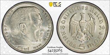 1936-F 5 Mk No Swastika J-360 MS63