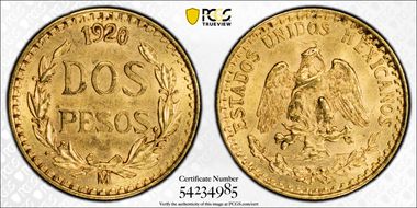 1920-Mo 2 Peso KM-461  Au MS64
