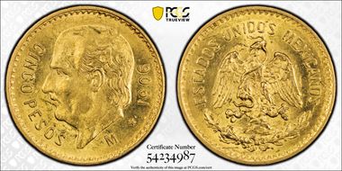 1906-M 5 Peso KM-464  Au MS62