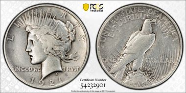 1921 $1 High Relief, Peace N1