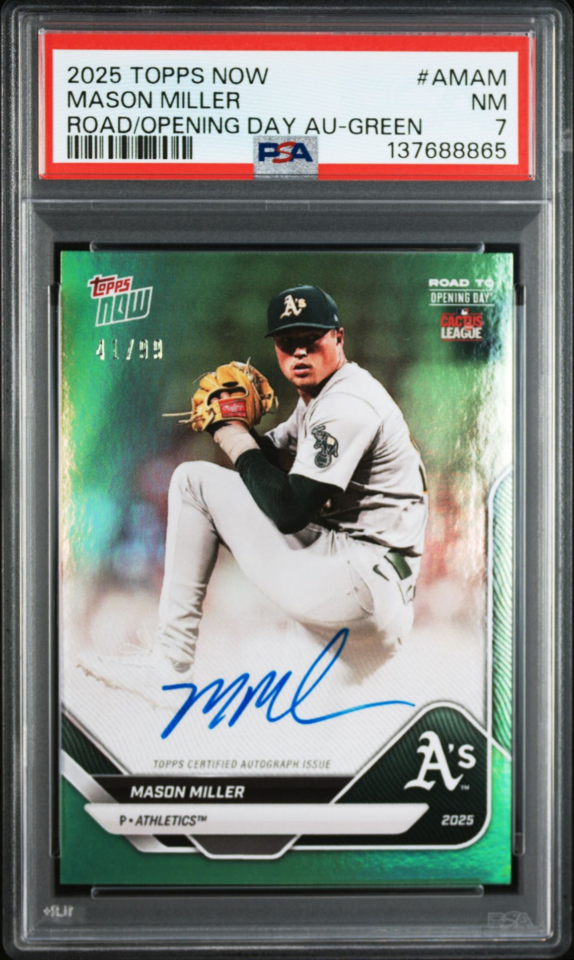 2025 Topps Now TOPPS NOW ROAD TO OPENING DAY AUTOGRAPH ROAD/OPENING DAY AU-GREEN #AMAM Mason Miller front