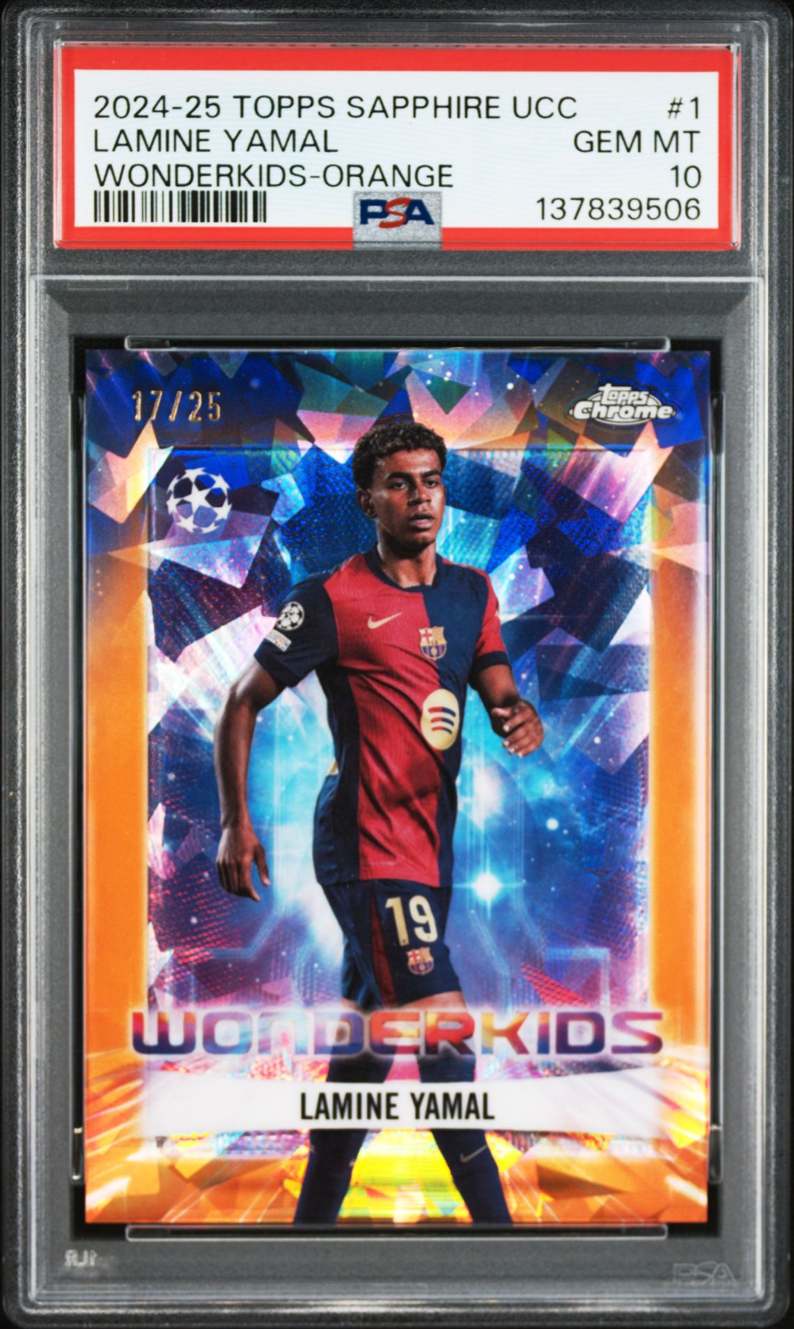 2024-25 Topps Chrome TOPPS CHROME SAPPHIRE EDITION UEFA CLUB COMPETITIONS WONDERKIDS ORANGE #1 Lamine Yamal front