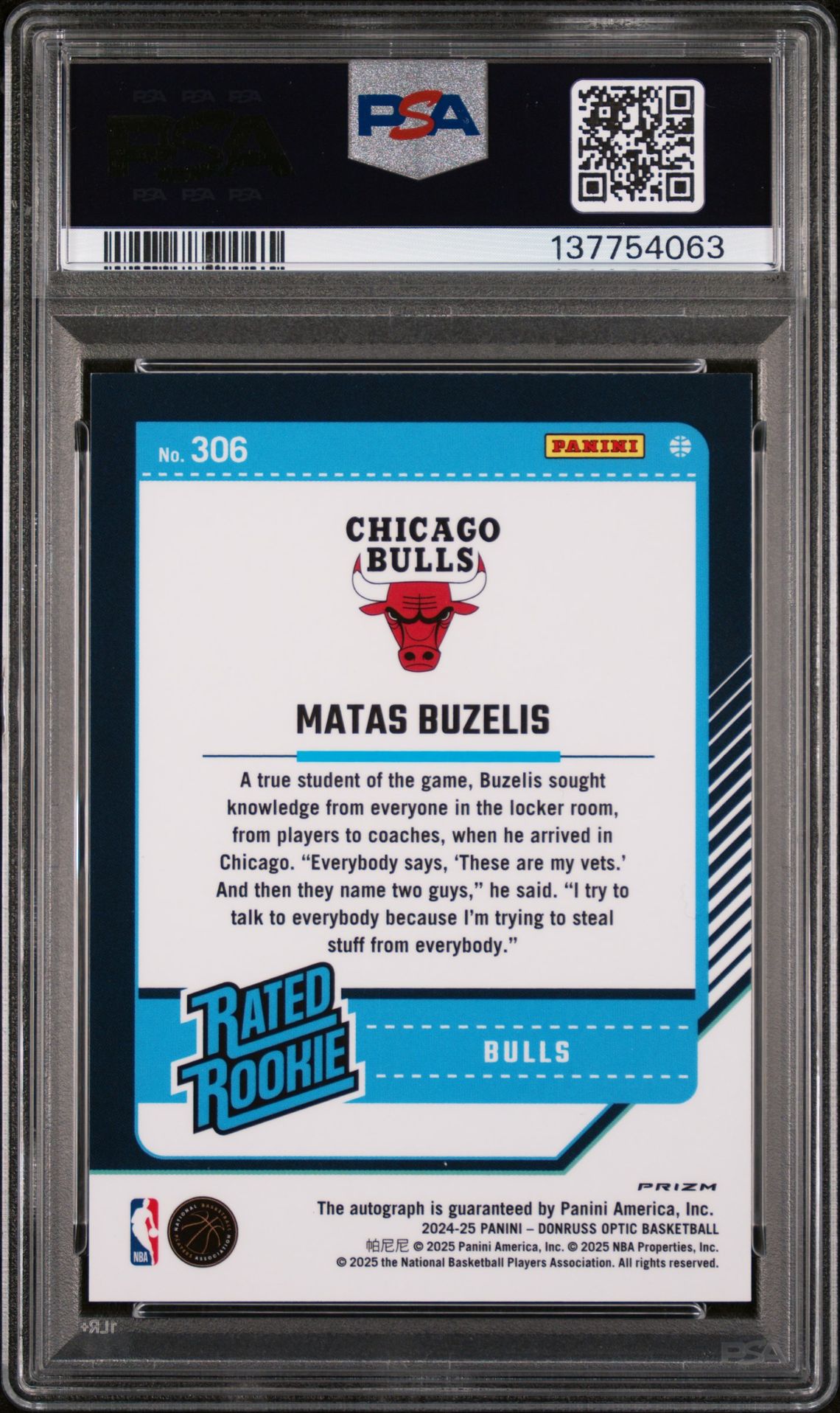 2024 Panini Donruss Optic Matas Buzelis #306 (Signature-Holo) Gem Mt 10 back