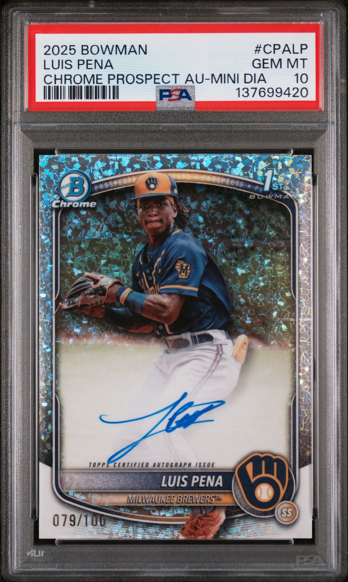 2025 Bowman Chrome Prospect Autographs Luis Pena #Cpalp (Chrome Prospect Au-Mini Dia) Gem Mt 10 front