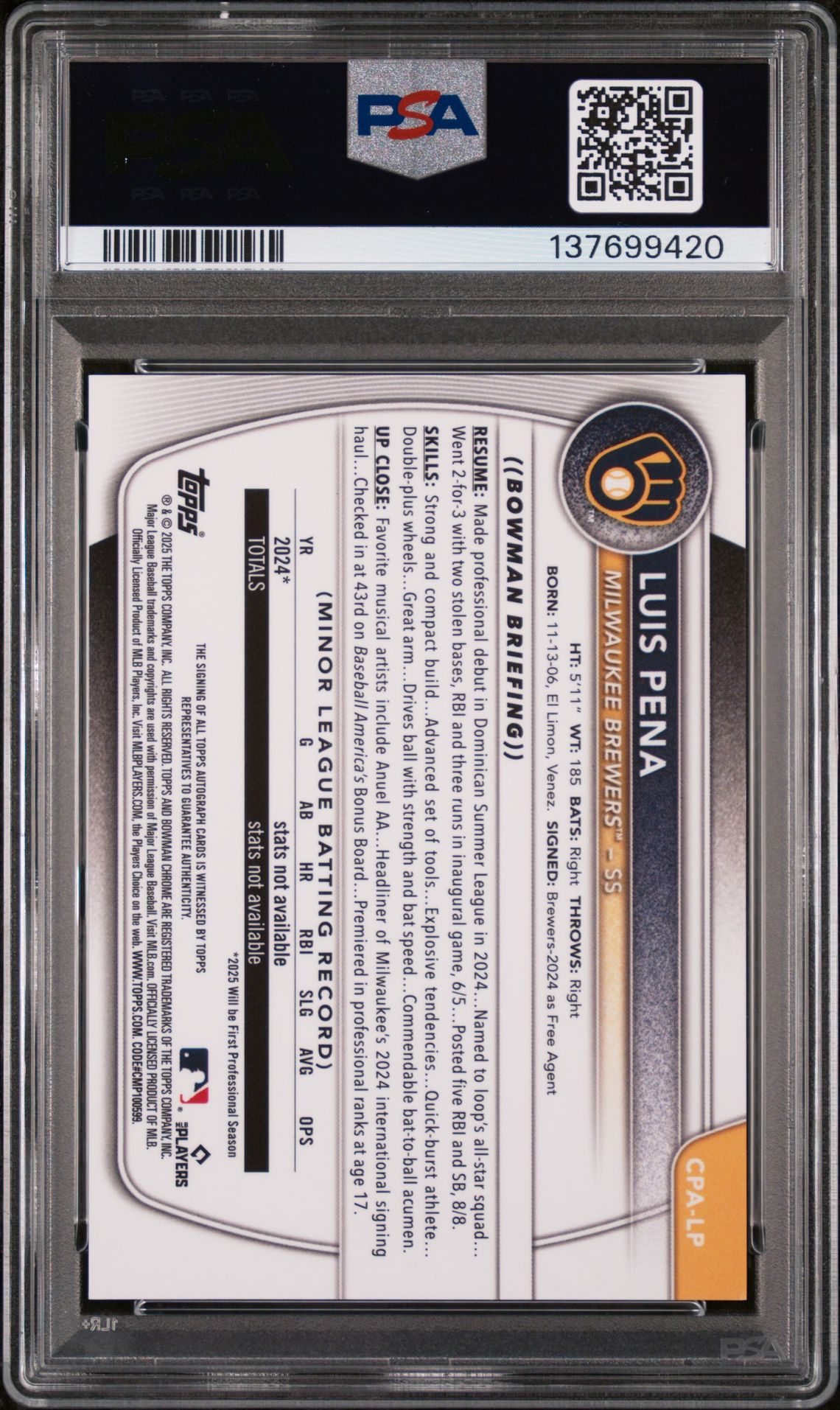2025 Bowman Chrome Prospect Autographs Luis Pena #Cpalp (Chrome Prospect Au-Mini Dia) Gem Mt 10 back