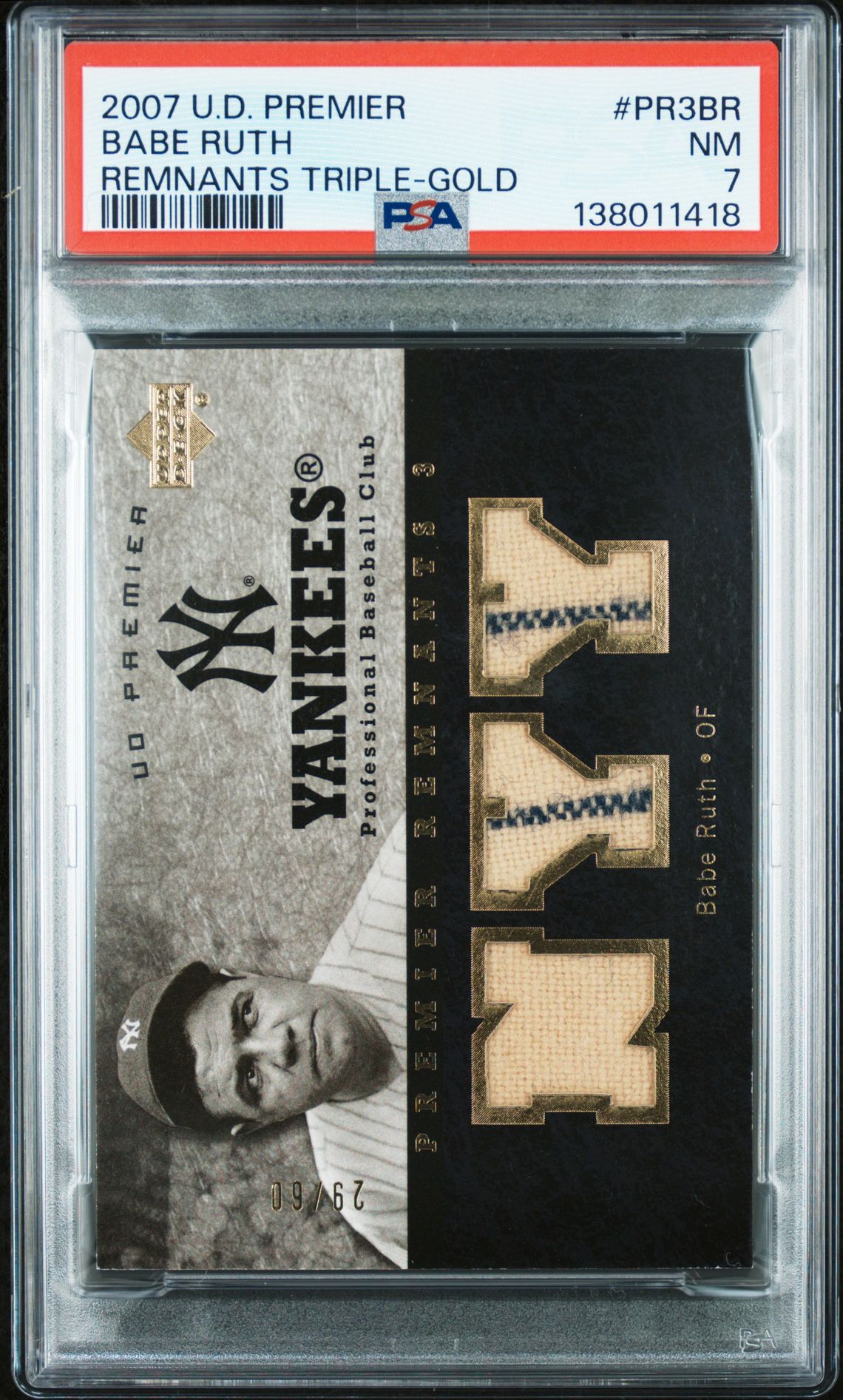 2007 Upper Deck UPPER DECK PREMIER REMNANTS TRIPLE Gold #PR3BR Babe Ruth front
