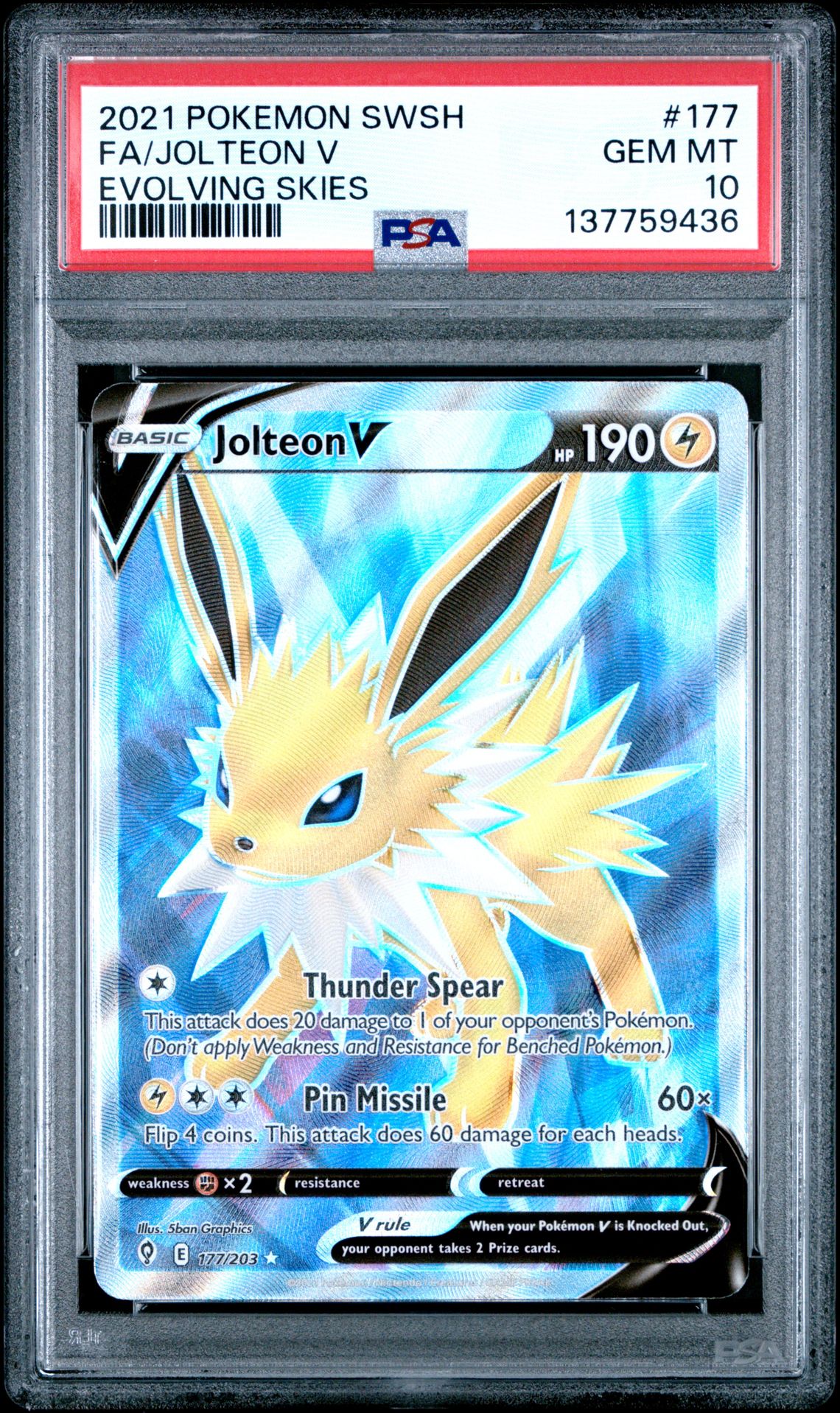 2021 Pokemon Sword & Shield Evolving Skies Fa/Jolteon V #177 (Evolving Skies) Gem Mt 10 front view - PSA graded GEM MT 10