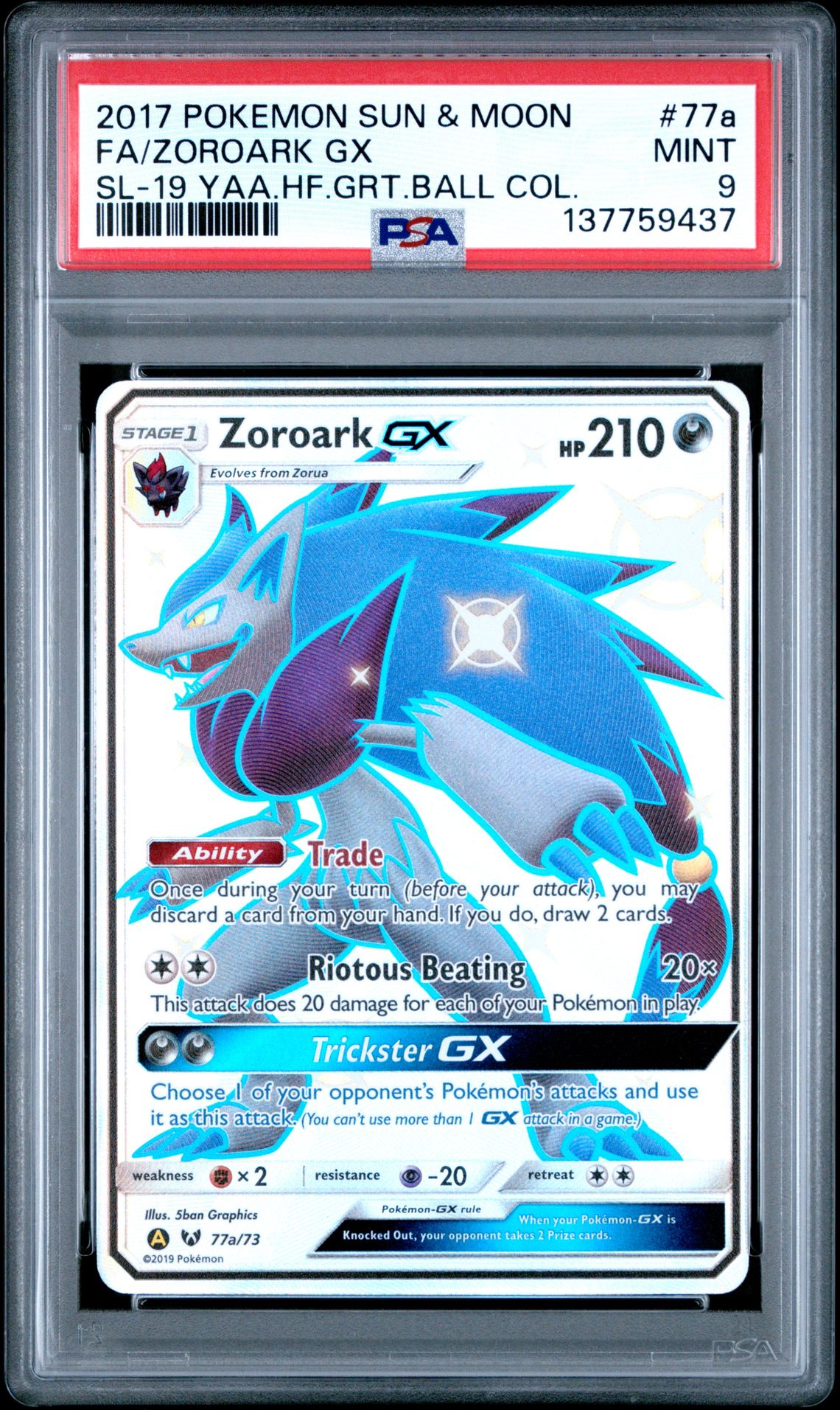 2017 Pokemon Sun & Moon Shining Legends Fa/Zoroark Gx #77A (Sl-19 Yaa.hf.grt.ball Col.) Mint 9 front