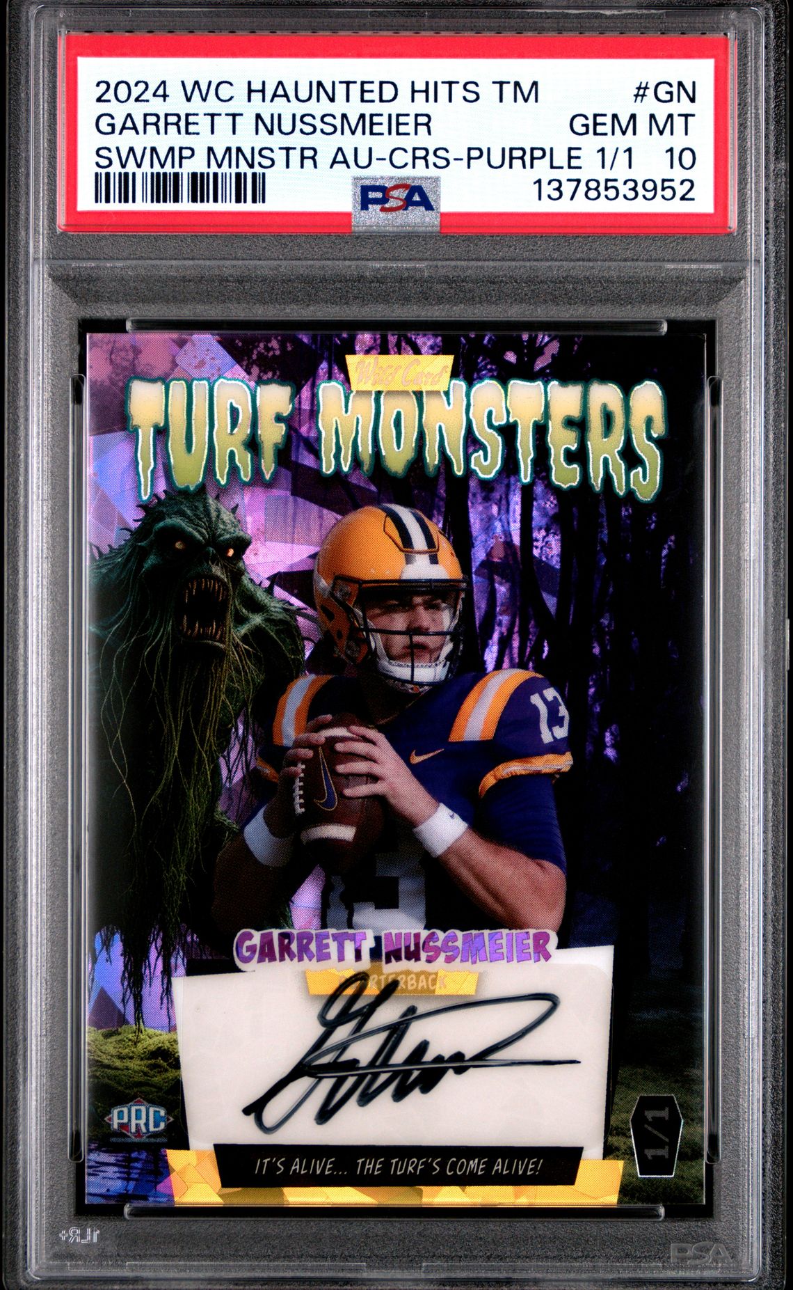 2024 Wild Card Haunted Hits Monster Hunt Hobby Turf Monsters Swamp Monster Autographs #GN Garrett Nussmeier front