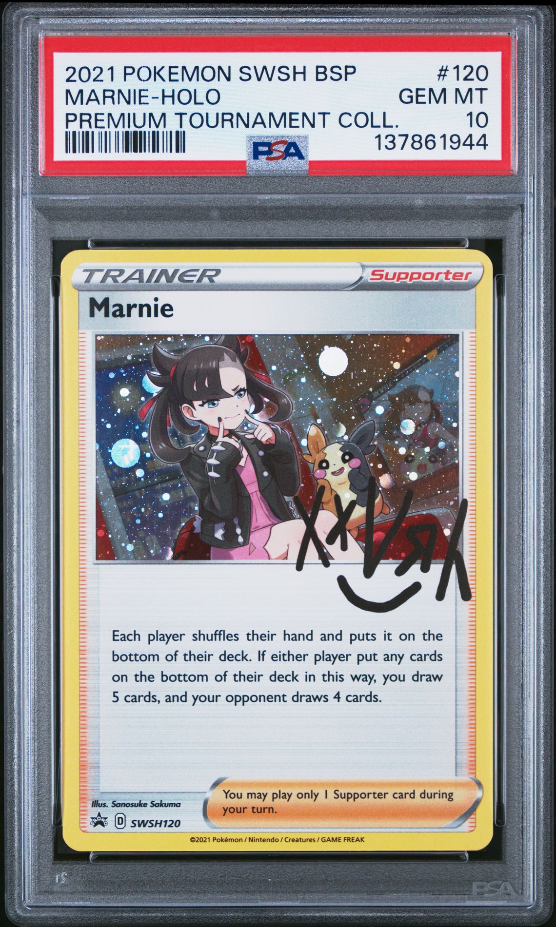 2021 Pokemon POKEMON SWSH BLACK STAR PROMO PREMIUM TOURNAMENT COLL. #120 Marnie-Holo front