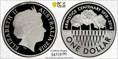 2018 $1 Armistice Centenary Ag PR70DCAM