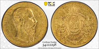 1866-Mo 20 Peso Maximilian KM-389  Au AU55