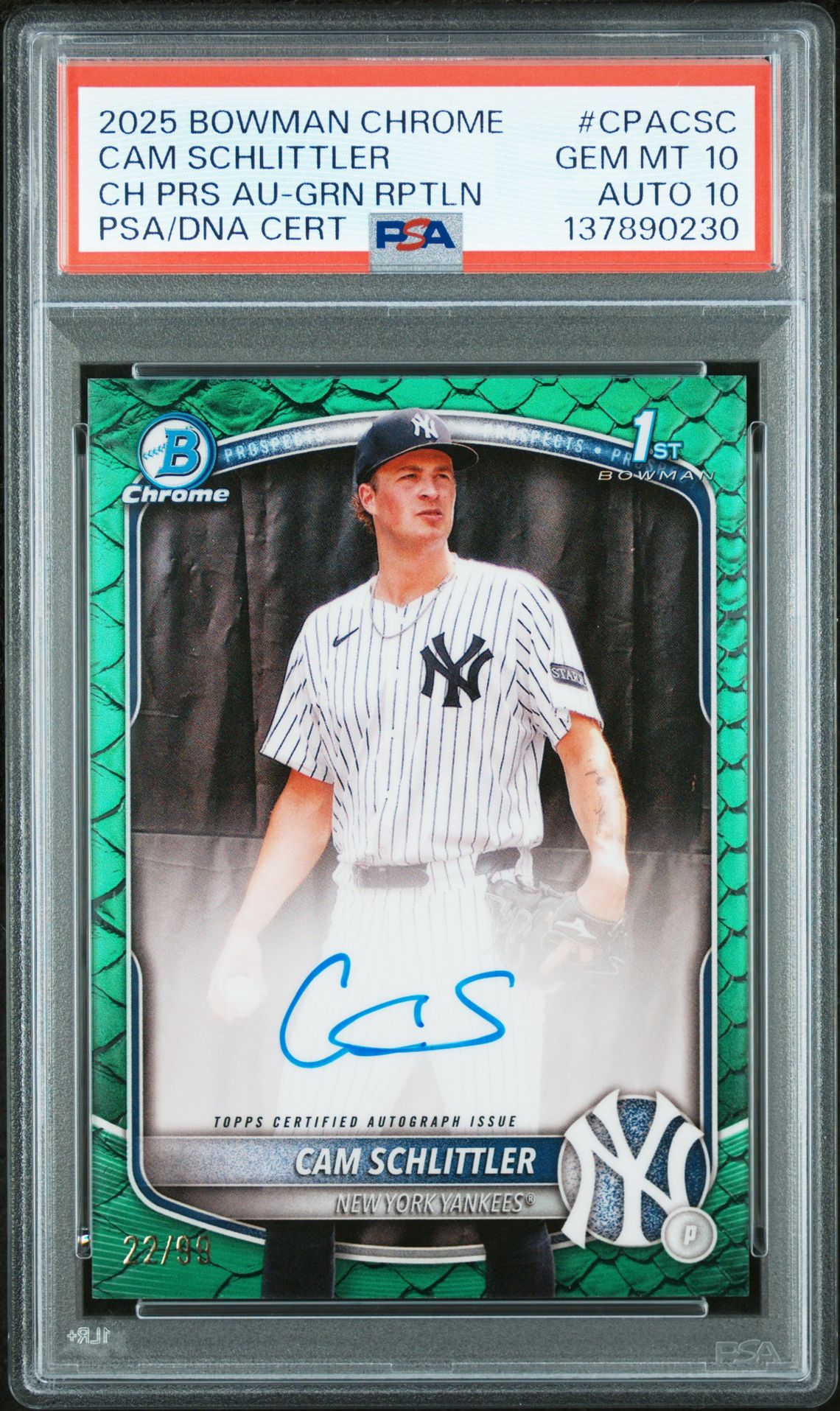 2025 Bowman BOWMAN CHROME PROSPECT AUTOGRAPHS CH PRS AU-GRN RPTLN #CPACSC Cam Schlittler front