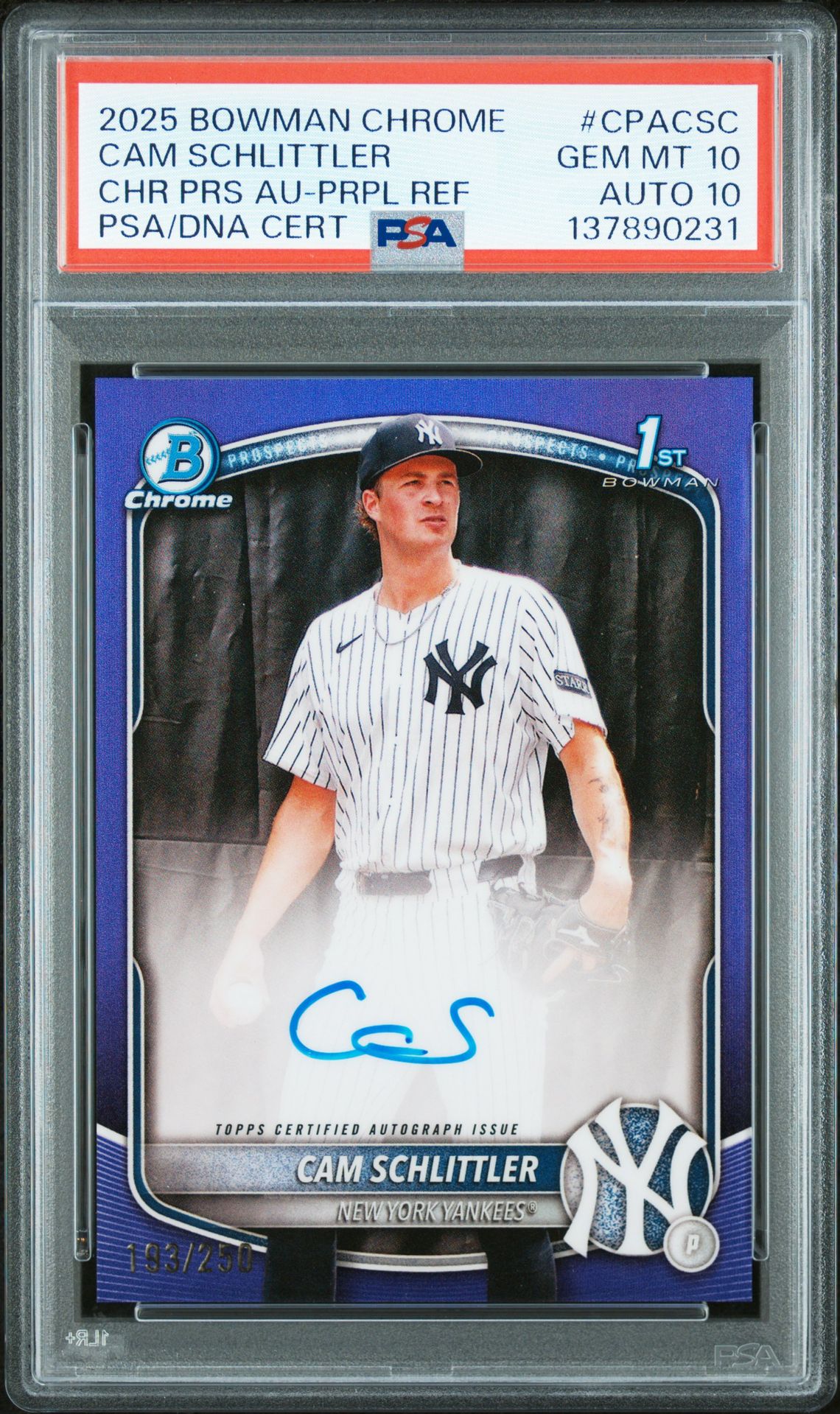 2025 Bowman BOWMAN CHROME PROSPECT AUTOGRAPHS CHR PRS AU-PRPL REFCertificationPrimary Signer (1 Signer)CAM SCHLITTLER #CPACSC Cam Schlittler front