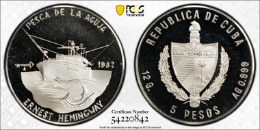 1982 5 Peso Hemingway - Marlin Fishing PR67DCAM