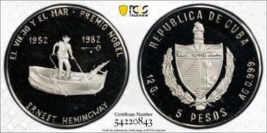 1982 5 Peso The Old Man and the Sea Ernest Hemingway PR67DCAM
