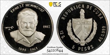 1982 5 Peso Ernest Hemingway Bust PR69DCAM