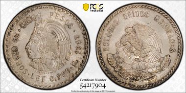 1947-Mo 5 Peso Cuauhtemoc KM-465 Ag MS65