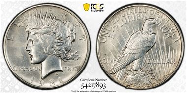 1921 $1 High Relief, Peace N1