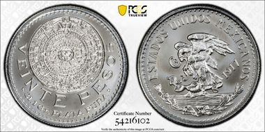 (2025)GR 1oz Rnd 1917 20 Peso Tribute Ag MS70