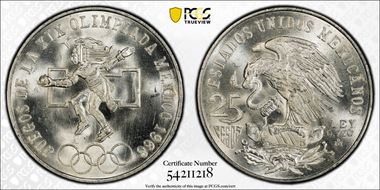 1968-Mo 25 Peso Olympic KM-479.1 Rings Align, Straight Tongue MS67