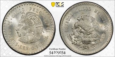 1947-Mo 5 Peso Cuauhtemoc KM-465 Ag MS64