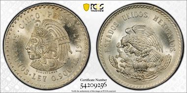 1947-Mo 5 Peso Cuauhtemoc KM-465 Ag MS65