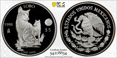1998-Mo 5 Peso World Wildlife Fund - Lobo KM-627 Ag PR69DCAM
