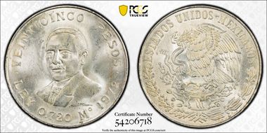 1972-Mo 25 Peso Juarez KM-480  Ag MS66